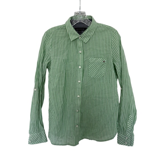 Tommy Hilfiger Green Striped Roll-Tab Long Sleeve Shirt S/P‎ - Picture 1 of 5